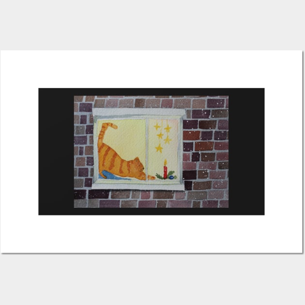 Red tabby cat in the window watercolor Christmas painting Wall Art by Sandraartist